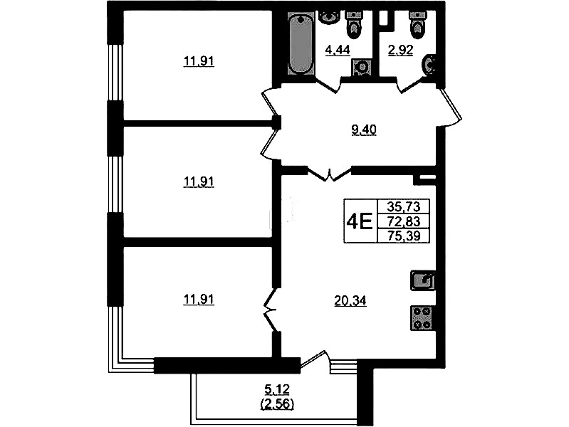 3-комнатная квартира 75.39 м², 1/4 эт., ЖК «Новая история»